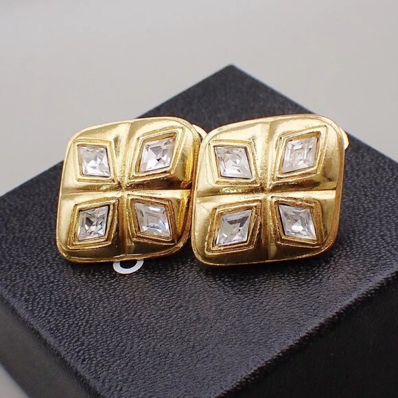 CHANEL Logo Rhinestone Diamond Shape Button Earrings Clip-On GHW France